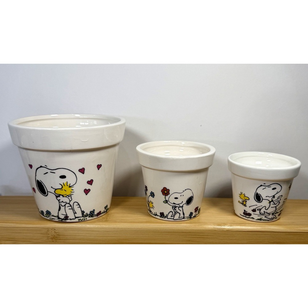 Vintage Lot Of 3 Snoopy Hugging Woodstock Small Planter Flower Pot Set Japan